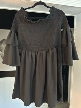SHEIN Black Smocked Ruffle Sleeve Peasant Blouse